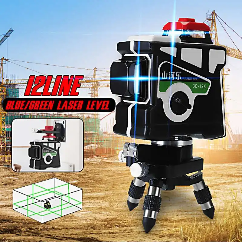 

3D 12 Line Green/Blue Light Laser Level Self Leveling 360 Rotary Measure Cross With Tripod Base 360 Rotating Green/Blue 100-240V