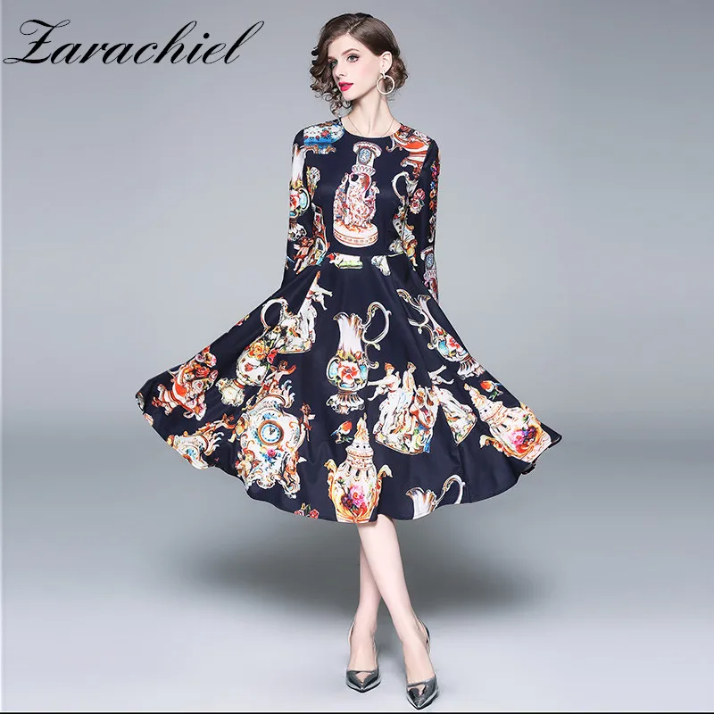 

2019 Designer Runway Dress Long Sleeve O Neck Flower Vase Angel Print Vintage Dress Women Party Medium-Long Dress Vestidos Robe