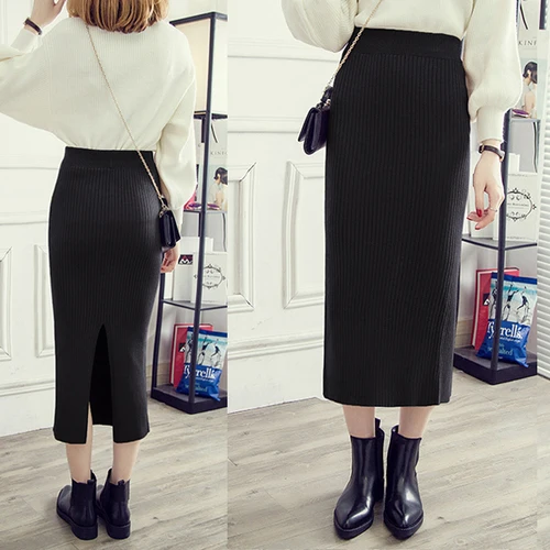 Новые осенние длинные трикотажные юбки с высокой талией и разрезом сзади, корейские Хлопковые вязаные весенние юбки-карандаши в стиле бохо - Цвет: black