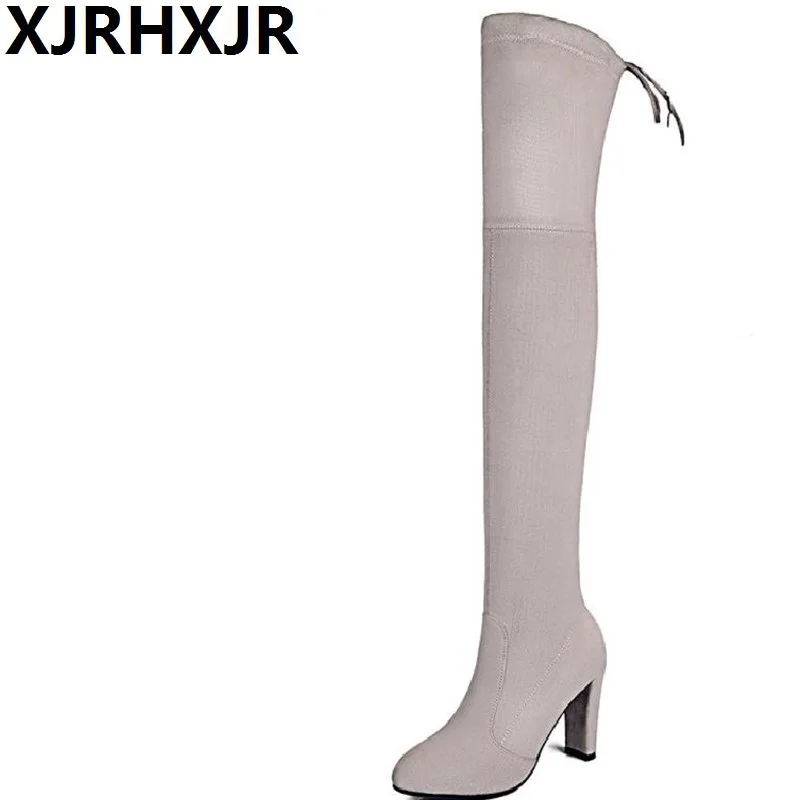

XJRHXJR Black Gray Women Micro Suede Thigh High Boots Thick Heel Stretch Over the Knee Boots for Woman Plus Size 34-43 Wine