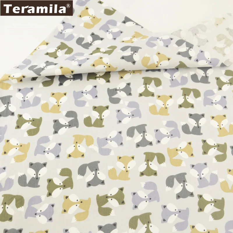 

Teramila Cotton Fabric Printed Light Grey and Yellow Cartoon Foxes Designs Quiting Patchwork Twill Material Sewing Scrapbooking