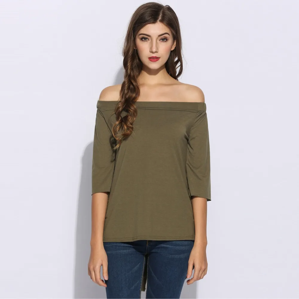 font b Women b font Solid Half Sleeve Elastic Off font b Shoulder b font