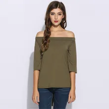Women Solid Half Sleeve Elastic Off Shoulder Back Slit Hem High Low Hem T-shirt Tops Casual