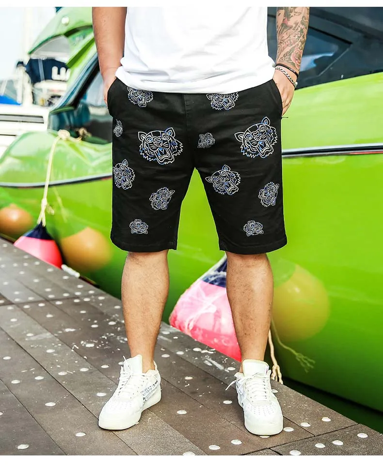men's summer shorts high street clothing for male knee length with animal tiger print black plus