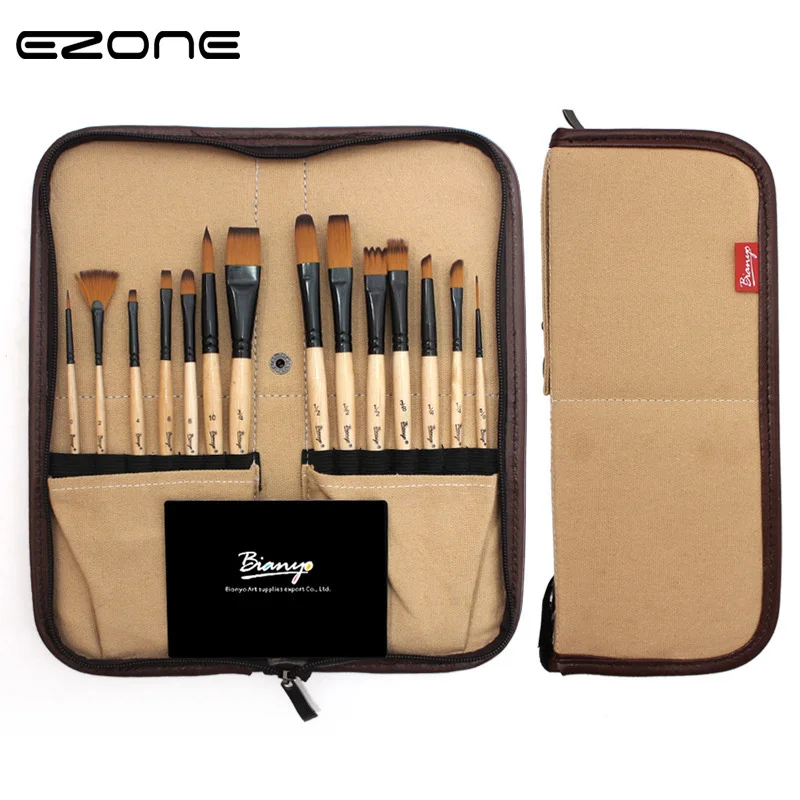 

EZONE 1Set Water Color Paint Brush (14Pcs Paint Brushes+Canvas Brush Bag) Different Shape Brush Watercolor Oil Drawing Tools