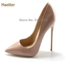 Bombas Nudez Couro de Patente Dos Saltos de Estilete das mulheres Marca De Luxo Vestir Sapatos Concise Apontou Toe 12 cm Salto Alto Partido Exquisite sapatos