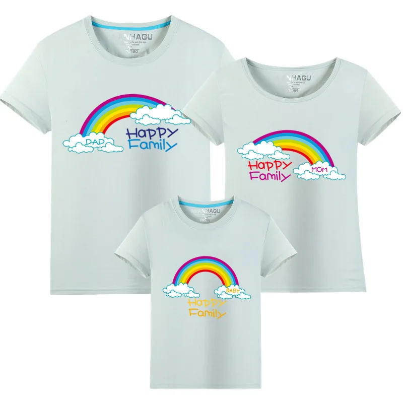 Детская одинаковая футболка для всей семьи на день рождения и фотосессию Повседневная футболка с принтом радуги для мамы и дочки топы, футболки для папы и сына, одежда - Цвет: Nattier blue