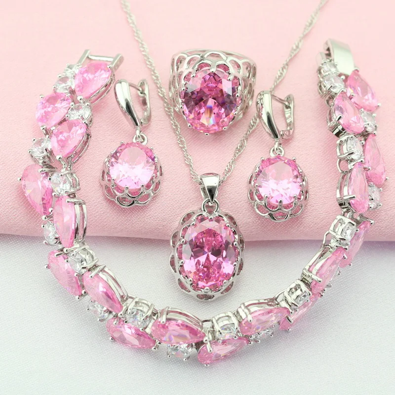 

Pink Stone Silver Color Jewelry Sets For Women Fashion and Sexy Drop Earrings Bracelet Pendant Ring Christmas Gift Free Gift Box