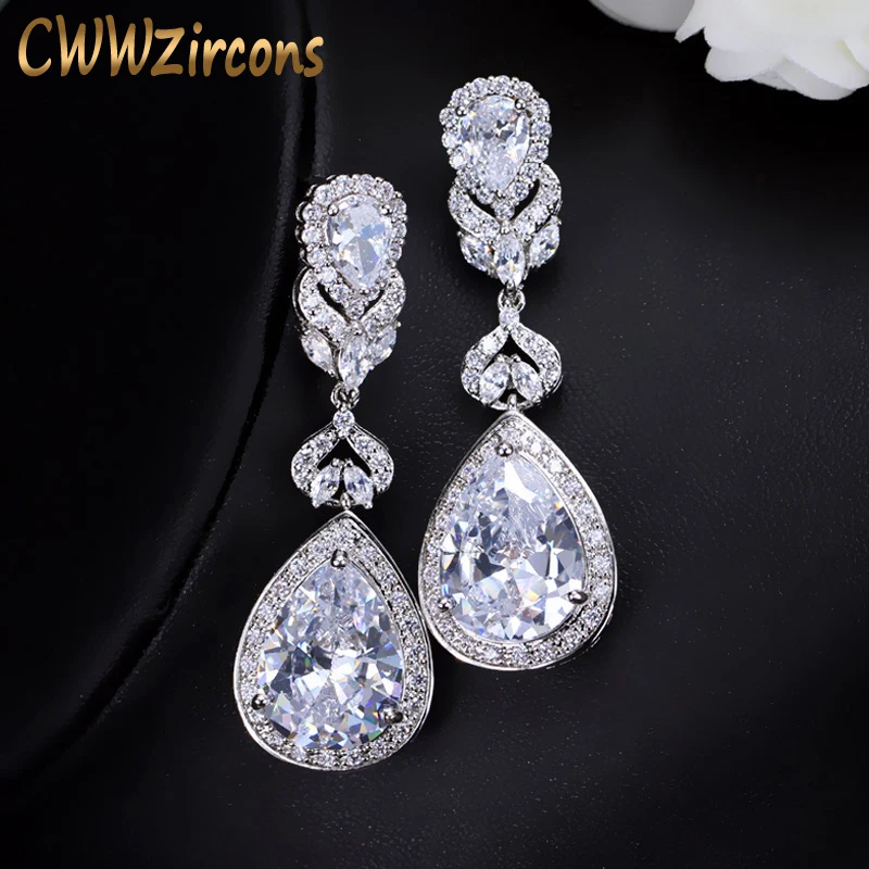 CWWZircons Elegant Water Drop Shaped Cubic Zirconia Crystal Bridal Long Earrings Luxury Wedding Jewelry for Brides CZ166