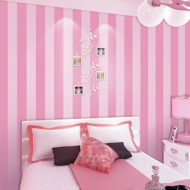 Корейский стиль полосатый обои розовое платье принцессы детская комната стены украшения детская комната Обувь для девочек Спальня Нетканые обоев Размеры