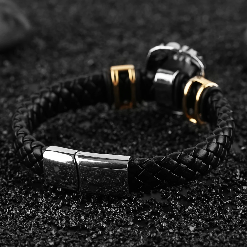 Lion Skull Eagle Punk Woven Bracelets Men Hot Sale Charm Bracelet Male Steampunk Skeleton Bangle Chain Black Leather Bangles (22)