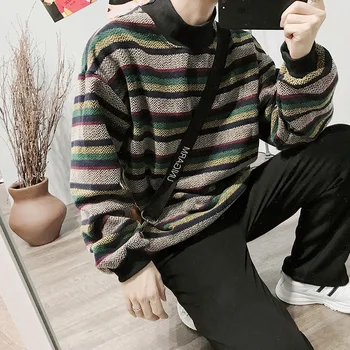 

Winter New Men's Cotton Polyester Solid Color Simple Long-sleeved Temperament Youth Personality Casual Sweatshirt Stripes