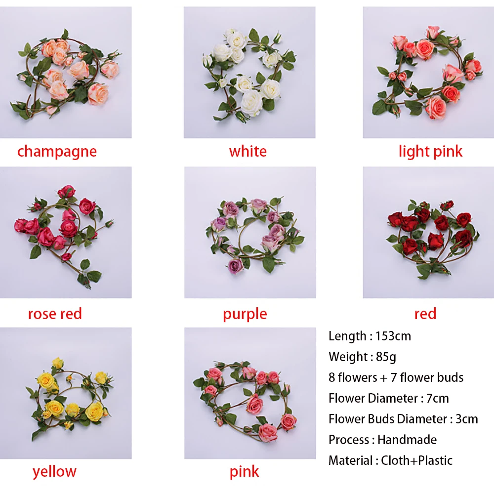 Handmade Rose 153CM Artificial Rose Flower Ivy Vine Wedding Decor Silk Fake Flowers String for Home Hanging Garland 8 Colors Handmade Rose 153CM Artificial Rose Flower Ivy Vine Wedding Decor Silk Fake Flowers String for Home Hanging Garland 8 Colors