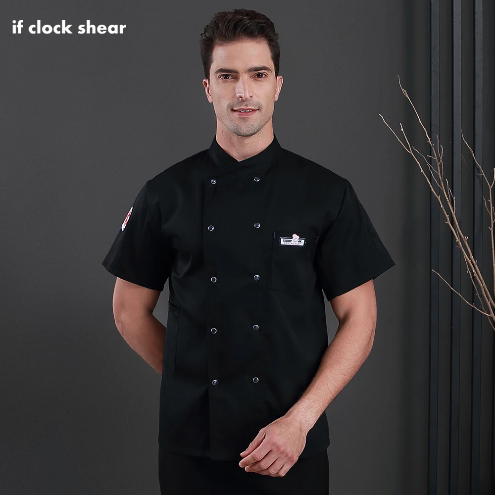 Venta al por Unisex doble pecho restaurante Chef uniforme de alimentos servicio de manga corta chaquetas de chef cocina ropa de trabajo chef sombrero y delantal|Chaquetas de chef| AliExpress