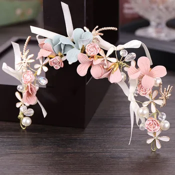 

FORSEVEN Pink Flower Pearl Hair Band Women Tiaras Headpiece Bridal Hair Jewelry Bride Headband Crown Wedding Hair Accessories JL