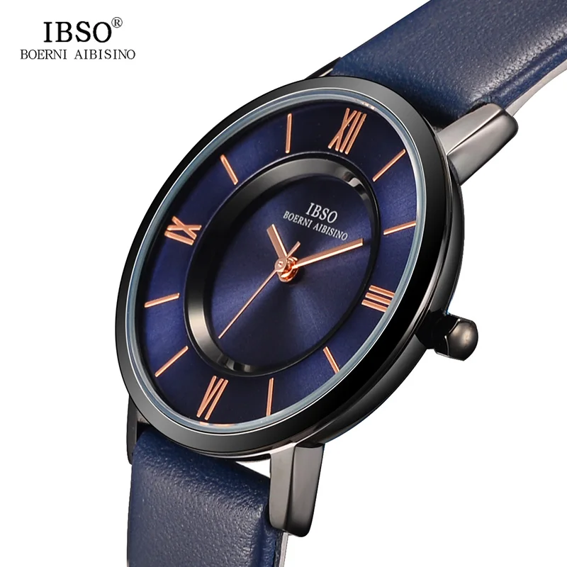 IBSO 7 MM Ultra-Thin Women Watches 2018 Gray Fashion Ladies Watch Genuine Leather Strap Luxury Quartz Watch Women Montre Femme ibso brand fashion ultra thin quartz watch women stainless steel mesh and leather strap women watches 2018 fashion montre femme