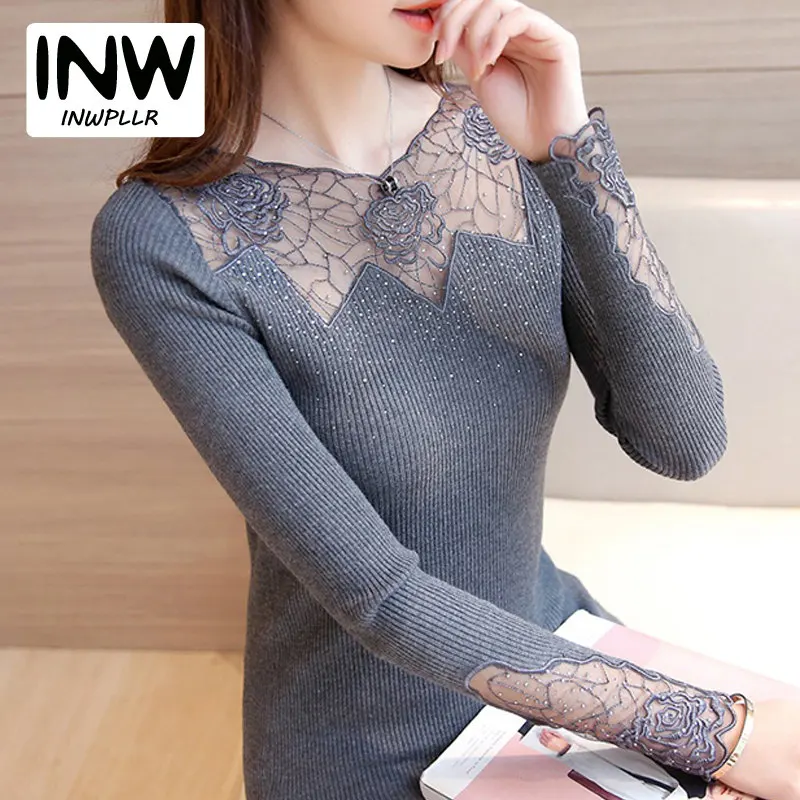 

All-match Fashion Women Sweaters Knitted Long Sleeve Sweaters And Pullovers Rose Lace Patchwork Jersey Mujer Invierno 2019
