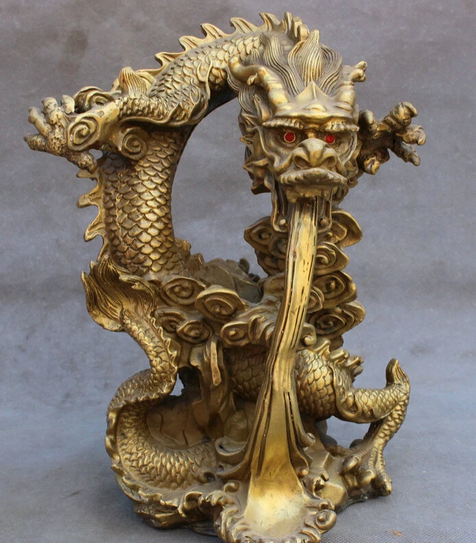

S4282 10'' Chinese Brass FengShui Year Zodiac Copper Flying Dragon Water Spit Statue D0317