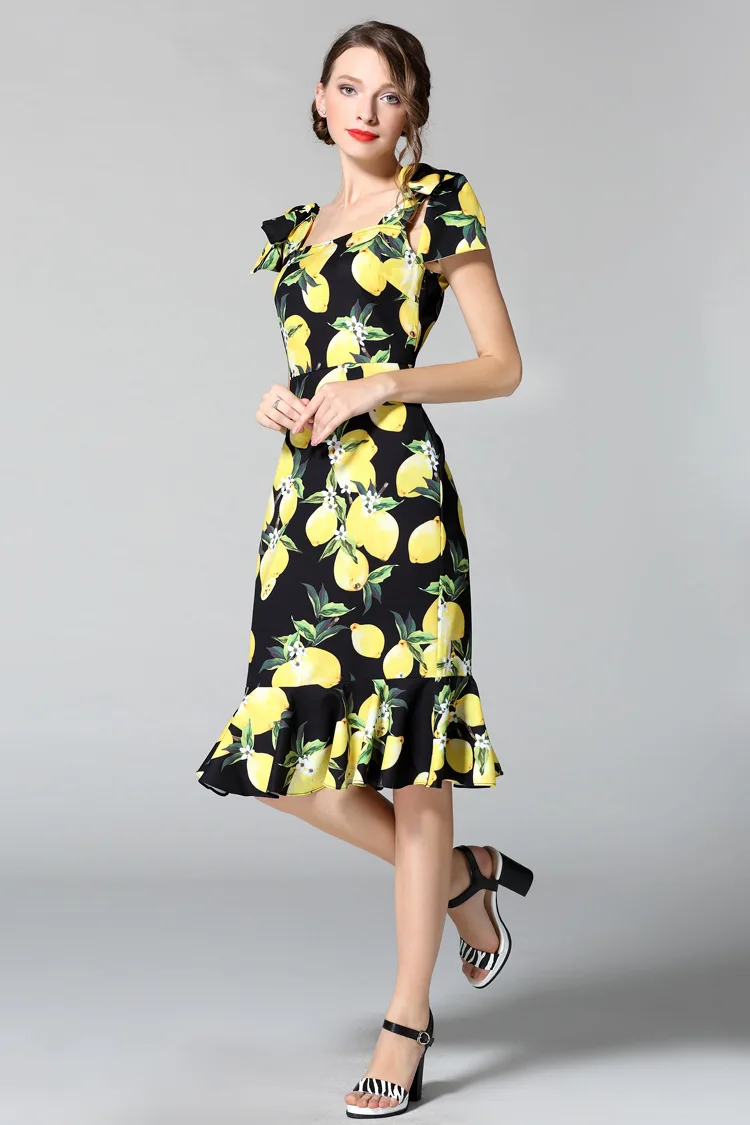 Индивидуальное летнее дизайнерское Эксклюзивное Платье для подиума, женское высококачественное Платье с принтом желтого лимона и бантом на плече, платье русалки