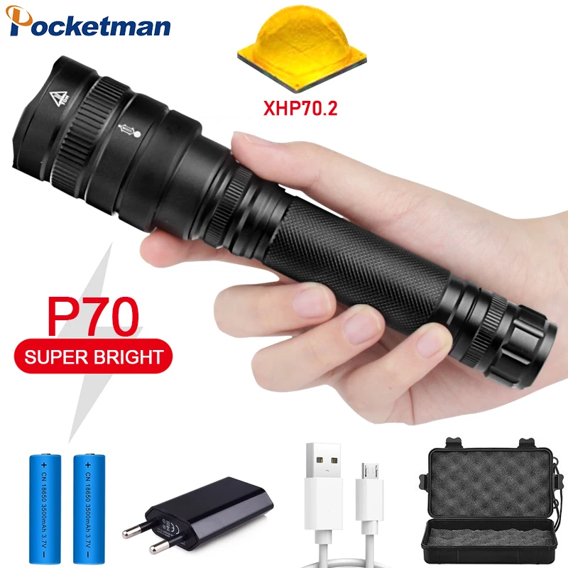 

Super Bright 60000LM LED Flashlight XHP70.2 Flashlight Zoom LED Torch XHP70 XHP50 Flashlight Waterproof Torch with 18650 Battery