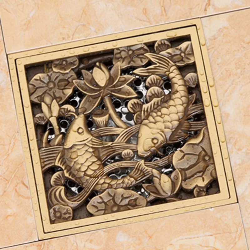 

MTTUZK Wholesale & Retail 4 Inch Antique Brass Art Carved Flower Floor Drain Bathroom Shower anti-odor Square Drain Strainer