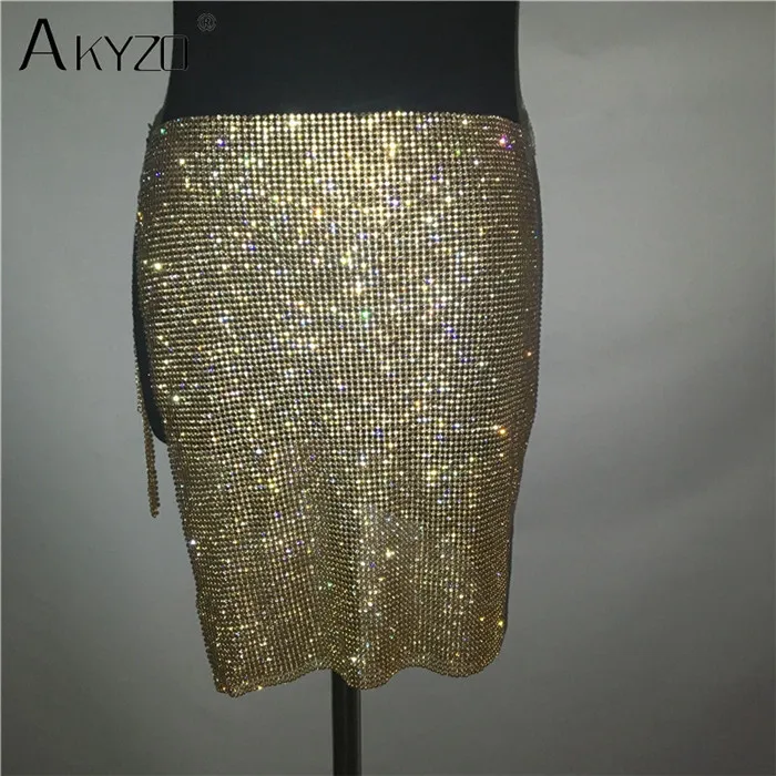 AKYZO, женская сексуальная клубная одежда, раздельные стразы, мини-юбка, Новое поступление, роскошные вечерние блестящие юбки с металлическими блестками, золото/серебро - Цвет: Gold