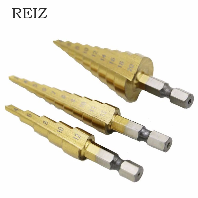 

REIZ 4-32 mm HSS Titanium Coated Step Drill Bit Drilling Power Tools 20mm Step Cone Cutt Tools Metal Drill Bit Set for Wood Wood