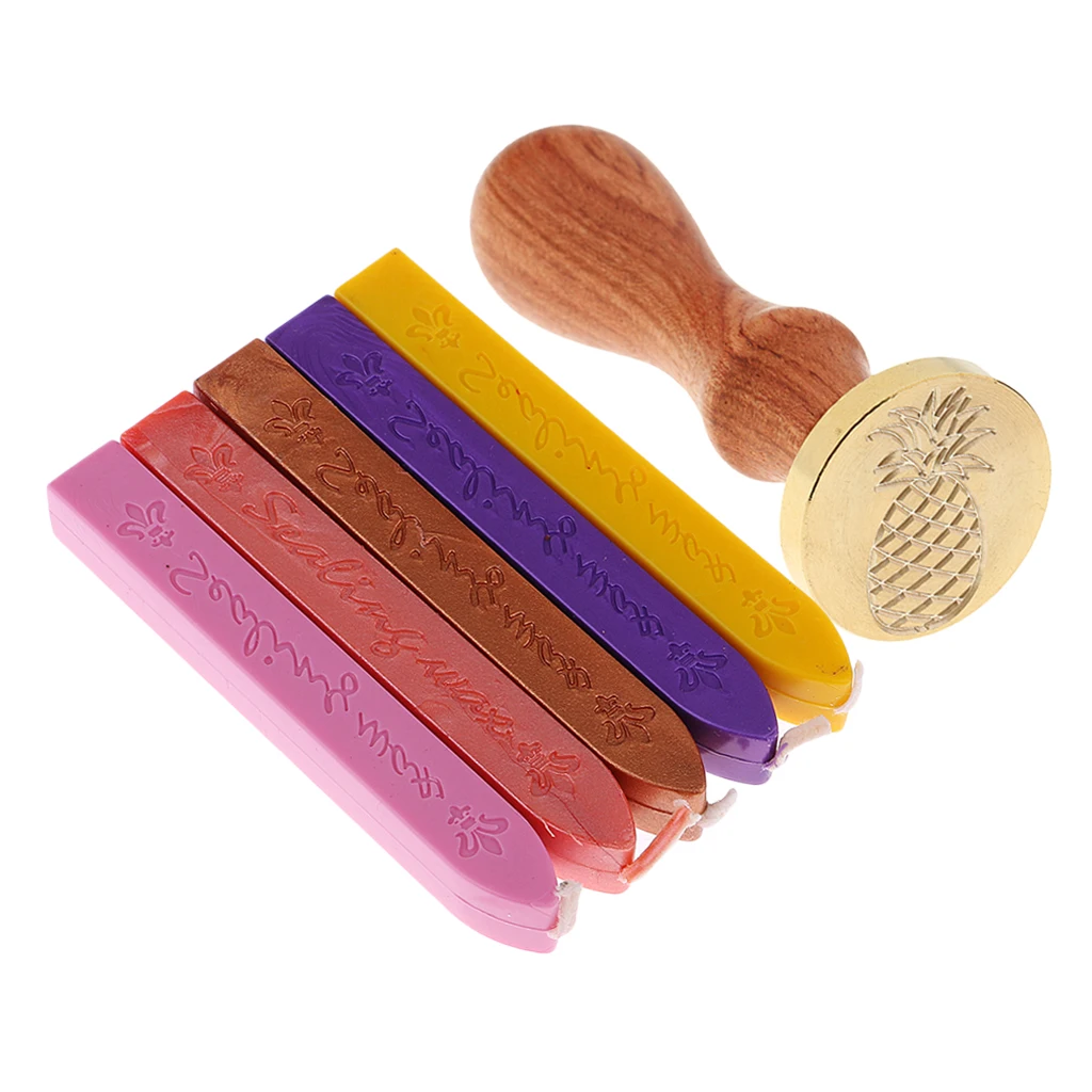 Wooden Handle Sealing Wax Coin Stamp Seal Pineapple+5 Wax Stick for Xmas Card