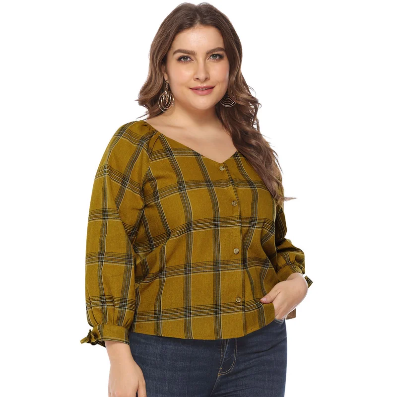 

Women Shirts Plus Size V-neck Long Sleeve Plaid Print Female Tops and Clothes Large Size Blouse Loose Streetwear Plus Size