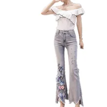 Вышитые бисером джинсы с цветами женские эластичные джинсы с высокой талией женские большие размеры карманы джинсы потертые джинсы тонкие расклешенные брюки