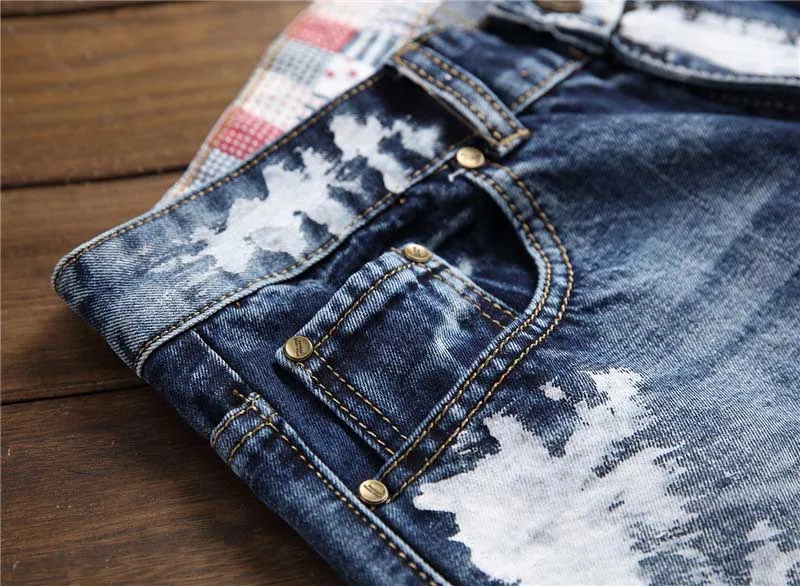 Mcikkny New Fashion Men's Painted Jeans With Embroidery Slim Straight Denim Pants Biker Casual Jeans Trousers For Male Washed 
