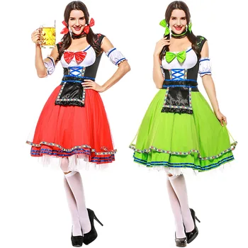 

Red and Green Cool Beer Festival Costume Halloween Cute German Beer Girl Cosplay Uniform Stage Role Play Clothings L1810938