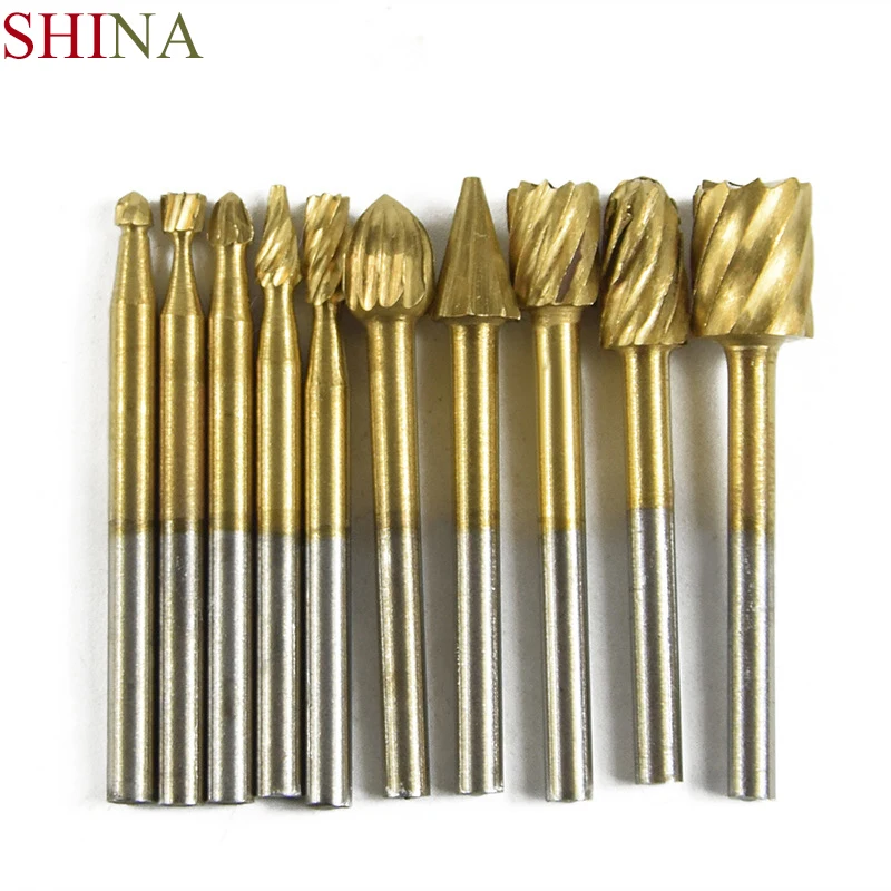 

SHINA 10pcs/Set New Wood Carving Carved Knife HSS Titanium Dremel Routing Rotary Milling File Cutter Drill Bit Set (Gold) Tools