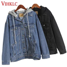 Новинка, женская джинсовая куртка, весенняя, имитация двух частей, с капюшоном, отстегивается, длинный рукав, свободная, ковбойская куртка, женская, черная,, Z19