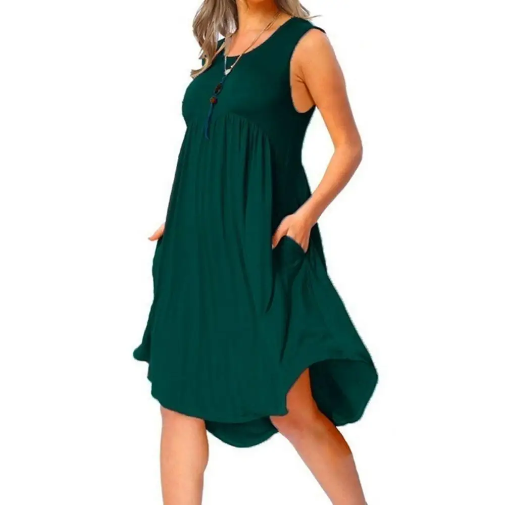 

2019 Women Summer Casual Dress with Pocket Cotton Loose O-neck Tank Top Ladies Pure Color Sleeveless Swing Dress Plus Size Dress