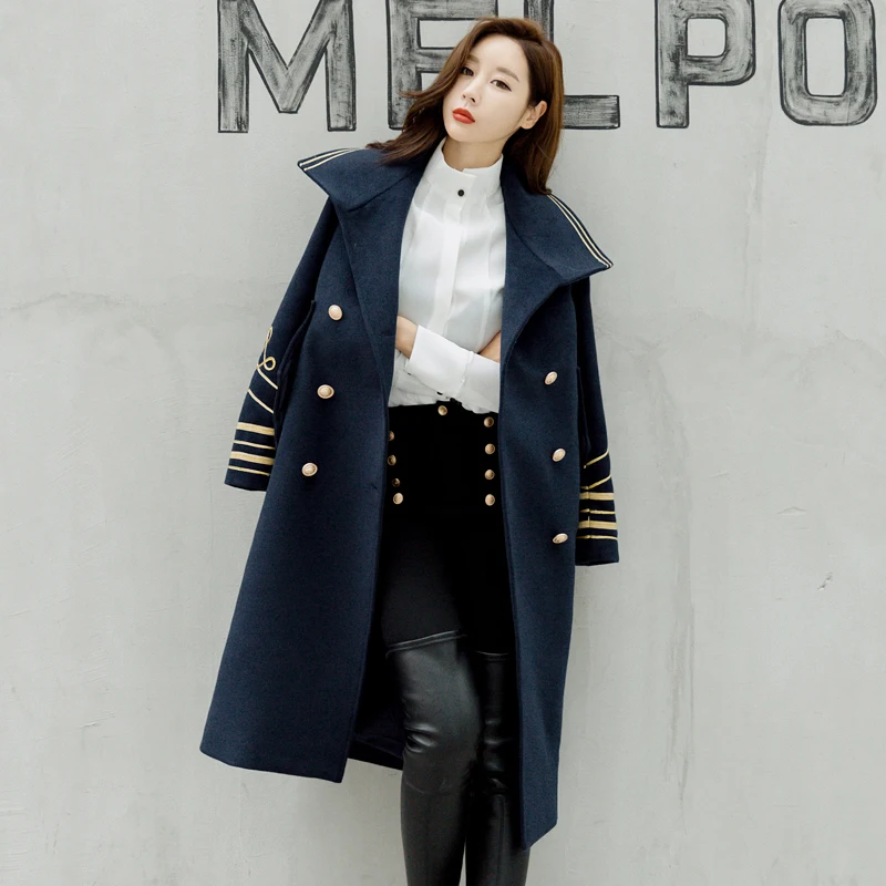 Дизайнерское длинное шерстяное пальто в британском стиле, Женское зимнее двубортное пальто в стиле милитари, деловое теплое пальто Cashmer
