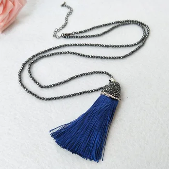 

5 Strands Hematite beads necklace handmade pave Crystal Rhinestone silk thread tassel pendant Boho necklaces for women NK111