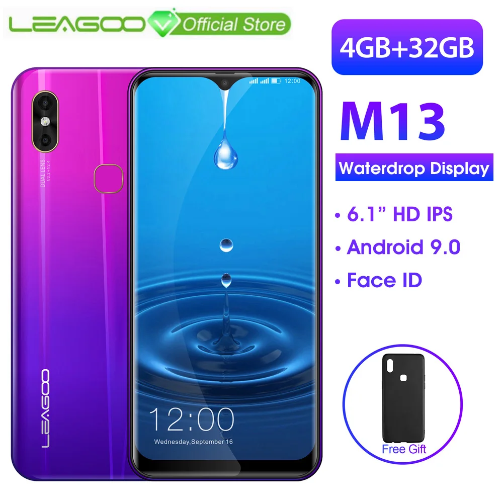 

LEAGOO M13 4GB RAM 32GB ROM Mobile Phone Android 9.0 6.1" Waterdrop Screen MTK6761 Quad Core Fingerprint Face ID 4G Smartphone