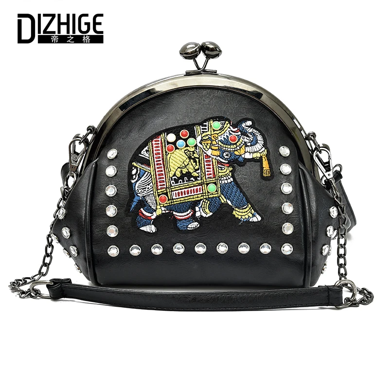 

DIZHIGE Brand PU Leather Women Bag Elephant Appliques Handbag Hasp Crossbody For Women Diamonds Chains Women Messenger Bag Tote