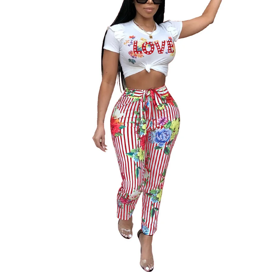 

2018 New Arrival Summer Two Piece Set Women Fashion LVOE Print Elegant O-Neck Lace-up 2 Piece Set Sexy Slim Plus Size Women Suit