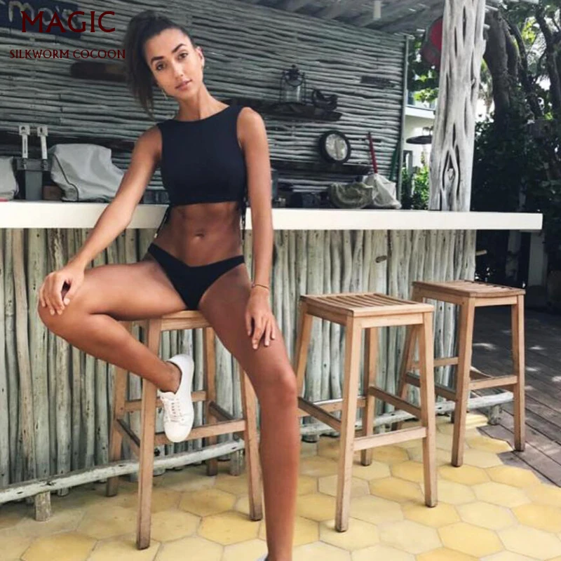 

New High Neck Bandage Bikini Set Women Sport Swimsuit Padded Push Up Swimming Suit Ladies Swimwear BeachWear Red Bathing Suit