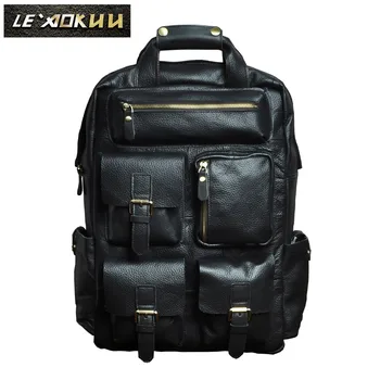 Men Original Leather Fashion Travel University College School Bag Designer Male Black Backpack Daypack Student Laptop Bag 1170-b new design male real cowhide leather casual travel bag school backpack daypack for men 2107