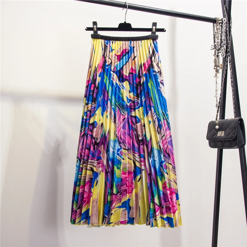 

2019 New-Coming Spring Autumn Eurpoean High Street Style A-Line Floral Pattern Mid-Calf Vacation Skirt High Quality Women Skirts