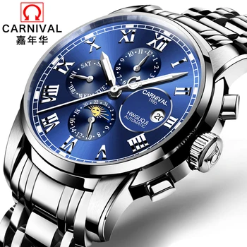 

CARNIVAL Mechanical Watch Mens Automatic Moon Phase Calendar Week Month Waterproof Men Watches Relogio Masculino Zegarki Meskie