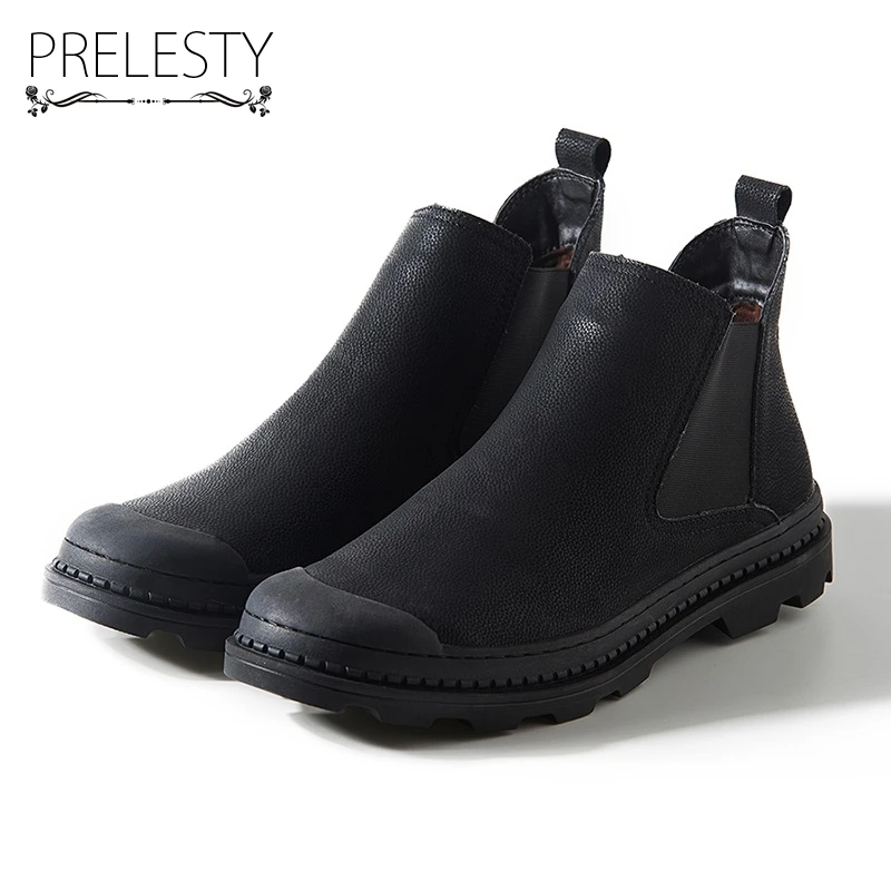 

Prelesty Classical Genuine Cow Leather Men Chealsea Boots Elastic Band Waterproof Black Quality Shoes Vintage Urban Tough Shoes