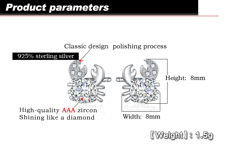 Новая девушка 925 Серебро Серьги Симпатичные Краб циркон серьги Твердые серебряные серьги дамы ювелирные изделия не аллергия bijoux