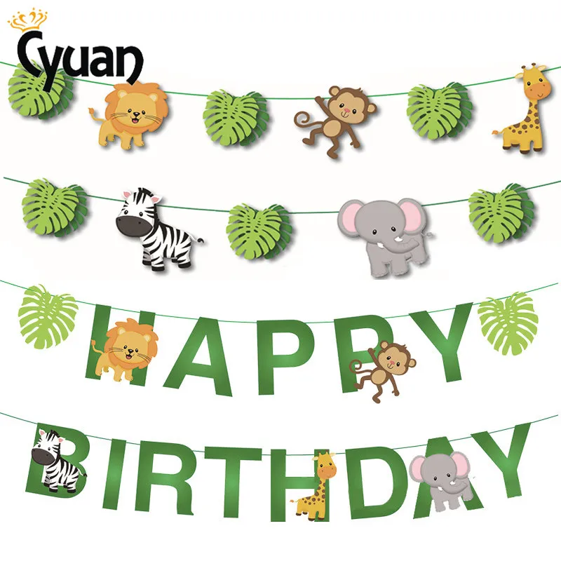 

Happy Birthday Banner Jungle Party Decor Animal Safari Bunting Garland Kids Baby Shower First Birthday Boy Party Decoration