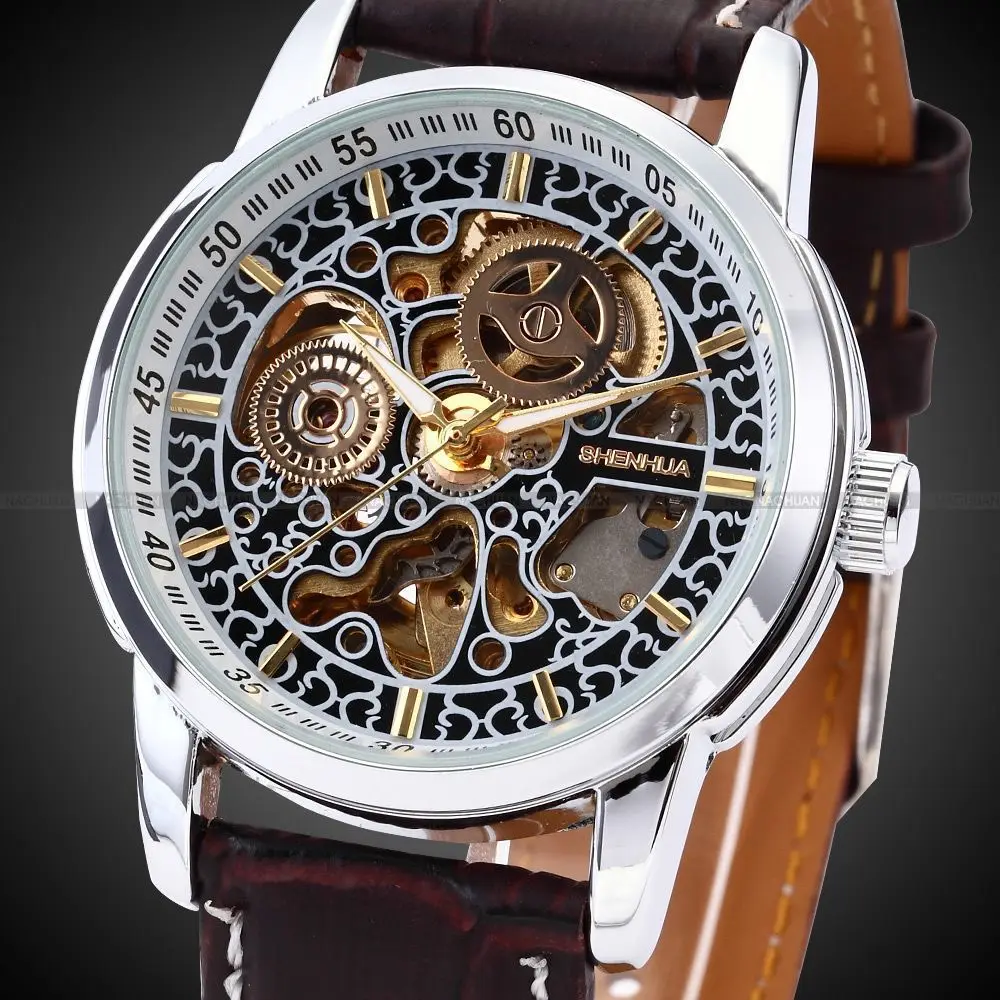 SHENHUA Men Skeleton Automatic Wristwatch Clock Male Leather Strap Antique Steampunk Casual Skeleton Mechanical Watch New Unique new sewor top brand luxury rectangular men watches automatic mechanical watch roman display antique clock relogio wrist watch