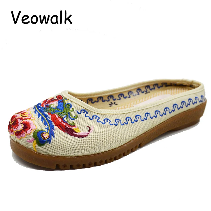 

High End Phoenix Embroidered Women Casual Summer Linen Canvas Slippers Ladies Cotton Embroidery Slides Flat Platforms Shoes