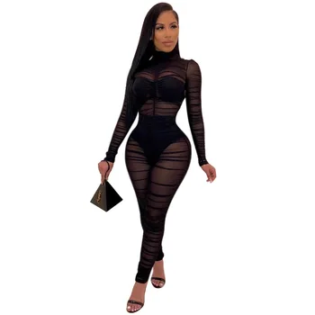 

Spring Summer Women Jumpsuit Bodycon Playsuit Bodysuit Overalls Rompers Plus Size Solid Pleated Mesh Sexy Jumpsuits